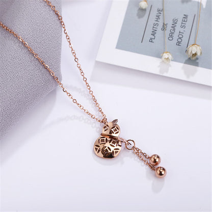 18K Rose Gold-Plated Gourd Pendant Necklace, rose gold pendant necklace for women, dainty minimalist design, detail close-up
