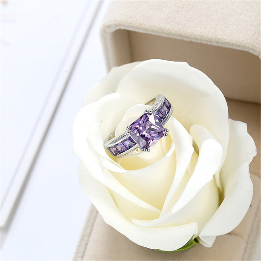 Purple Crystal and Silver-Plated Princess-Cut Ring, silver statement rings for women, vintage-inspired design, front view