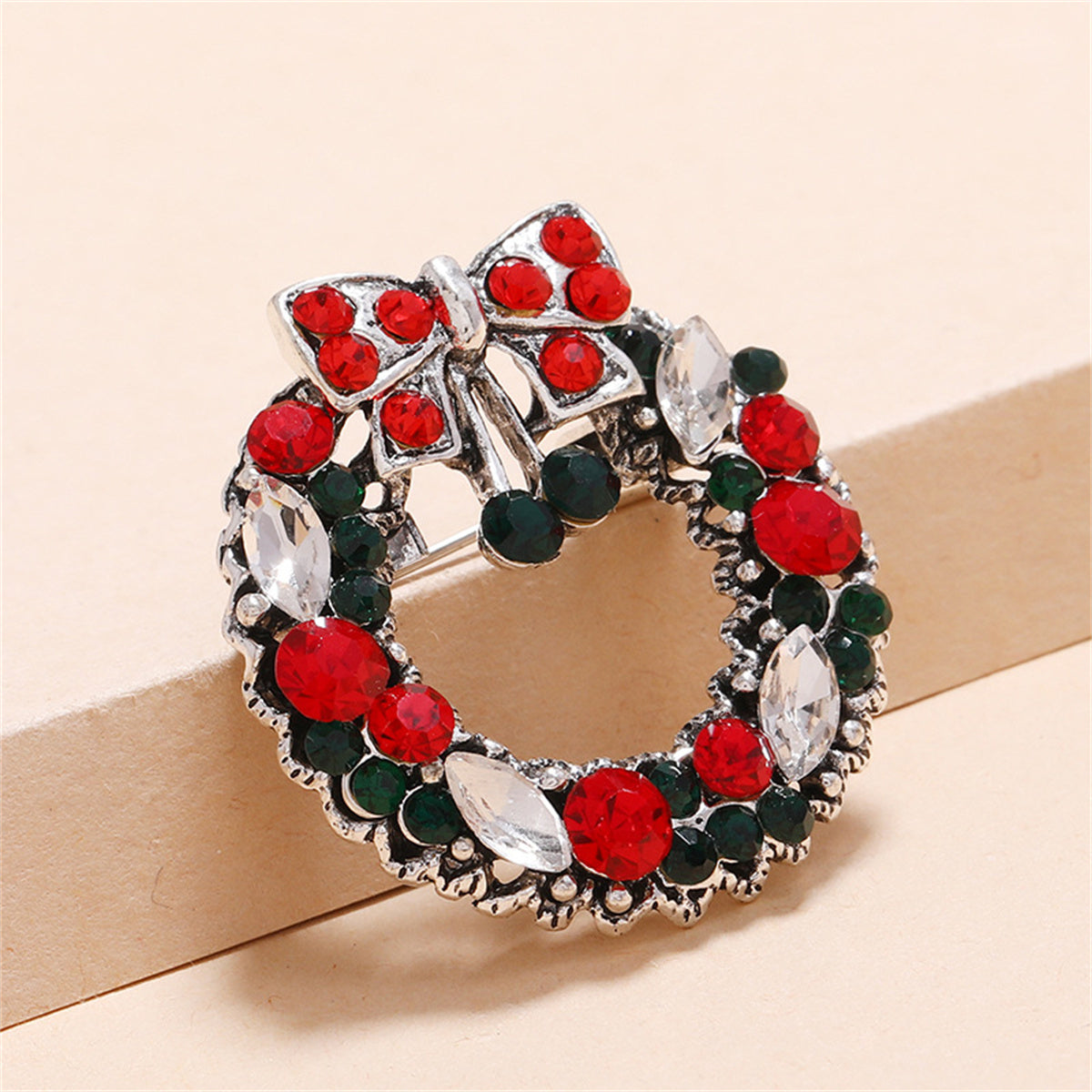 Red and Multicolor Cubic Zirconia and Silver-Plated Wreath Brooch, silver brooch pin, elegant gift for her, front view