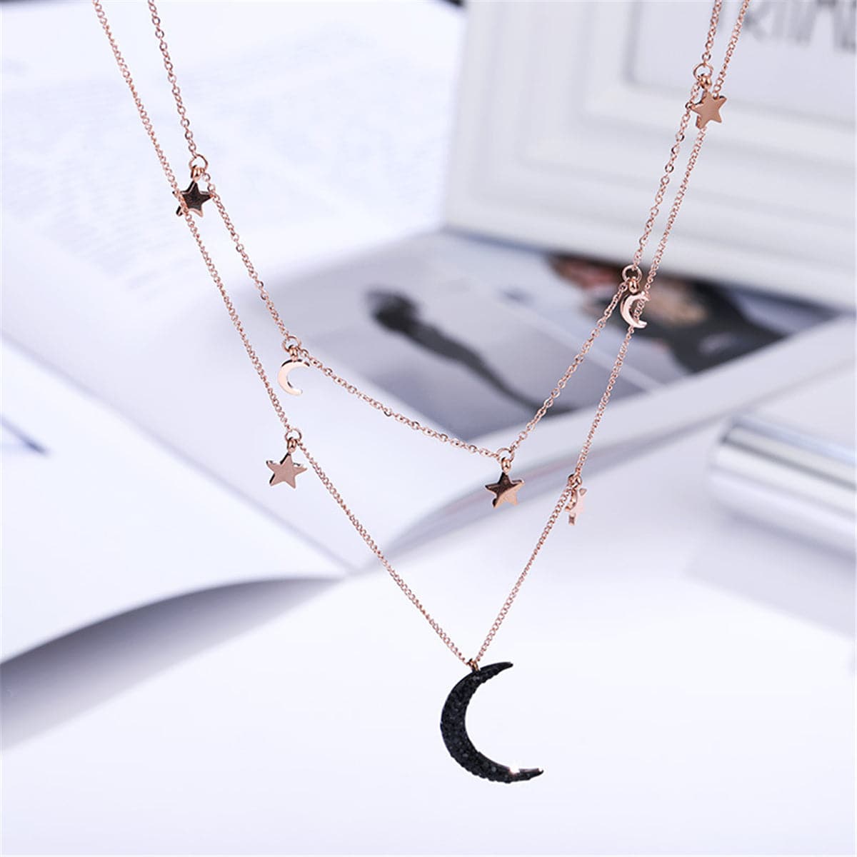 Black Cubic Zirconia & 18K Rose Gold-Plated Moon & Sun Layered Necklace