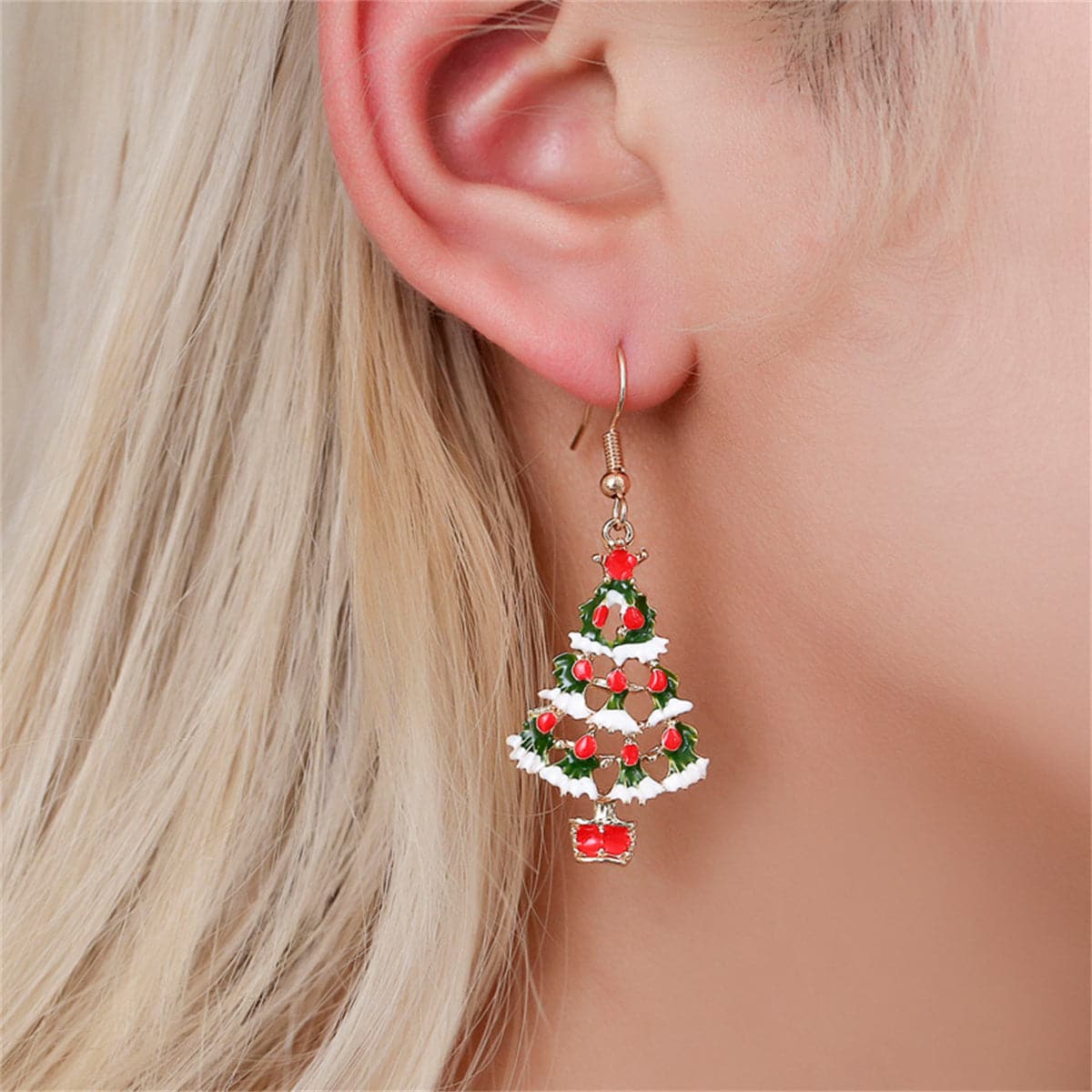 Red and Green Enamel Openwork Christmas Tree Drop Earrings, drop earrings for women, botanical inspired, side view