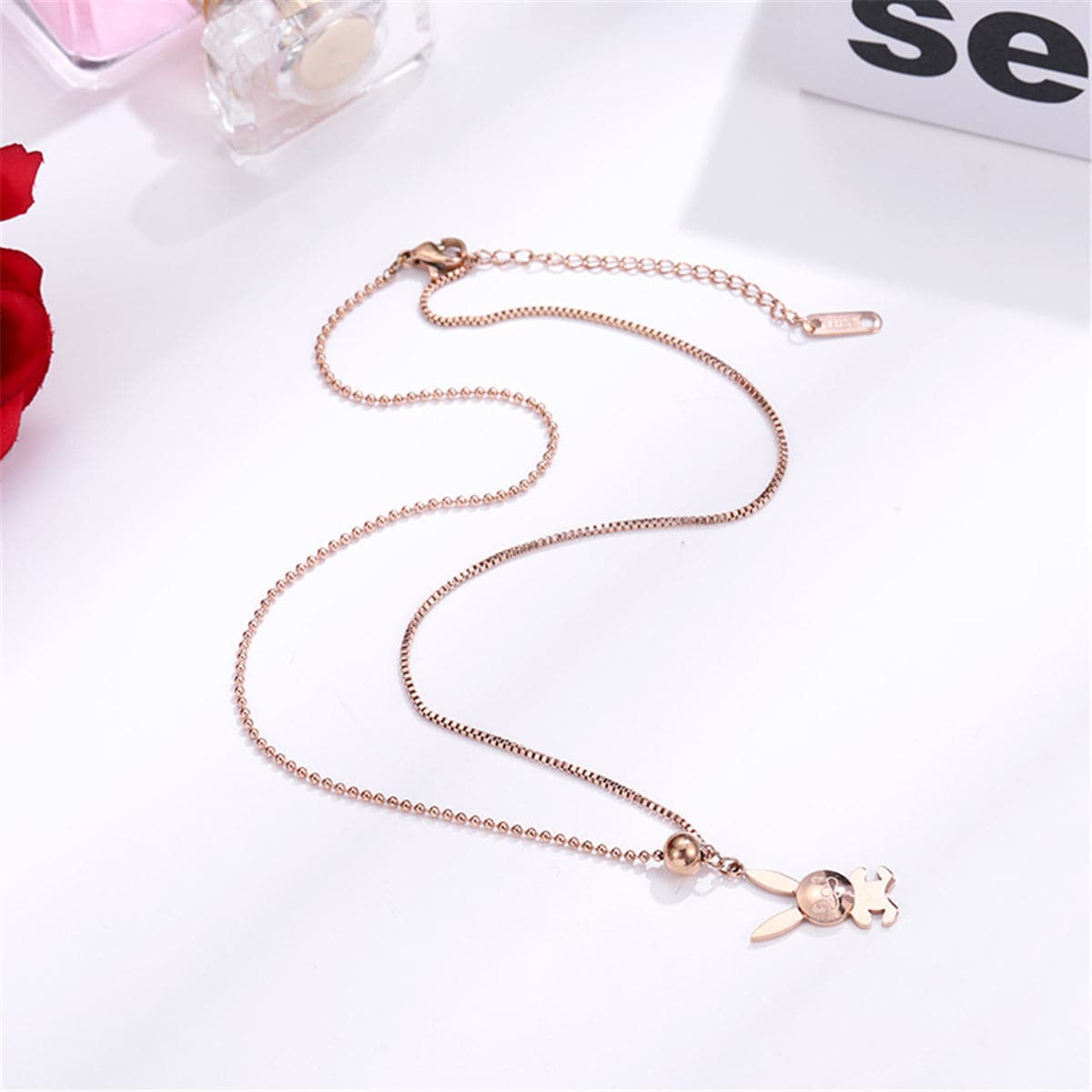 18K Rose Gold-Plated Rabbit Pendant Necklace, rose gold pendant necklace for women, botanical inspired, side view