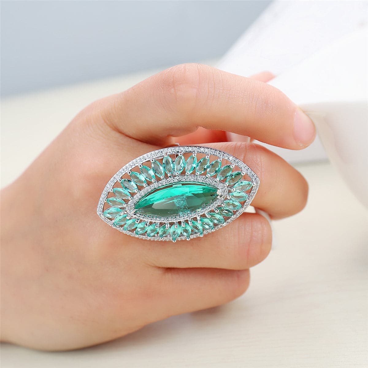 Green Crystal and Cubic Zirconia Pear Statement Ring, statement rings for women, botanical inspired, detail close-up