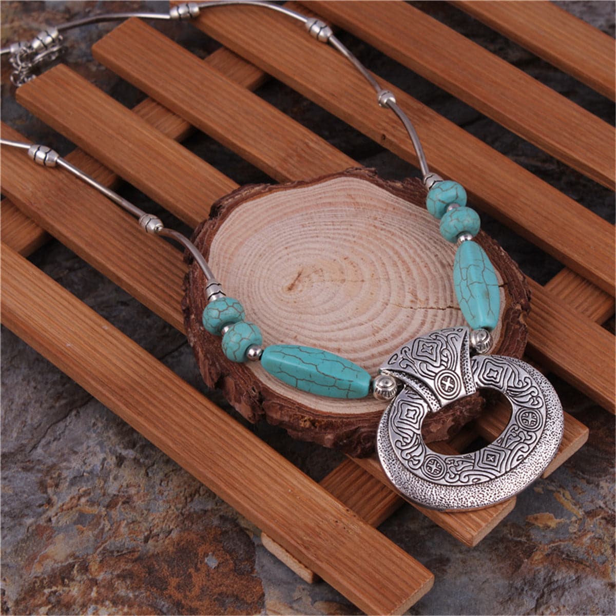 Turquoise & Silver-Plated Geometric Pendant Necklace