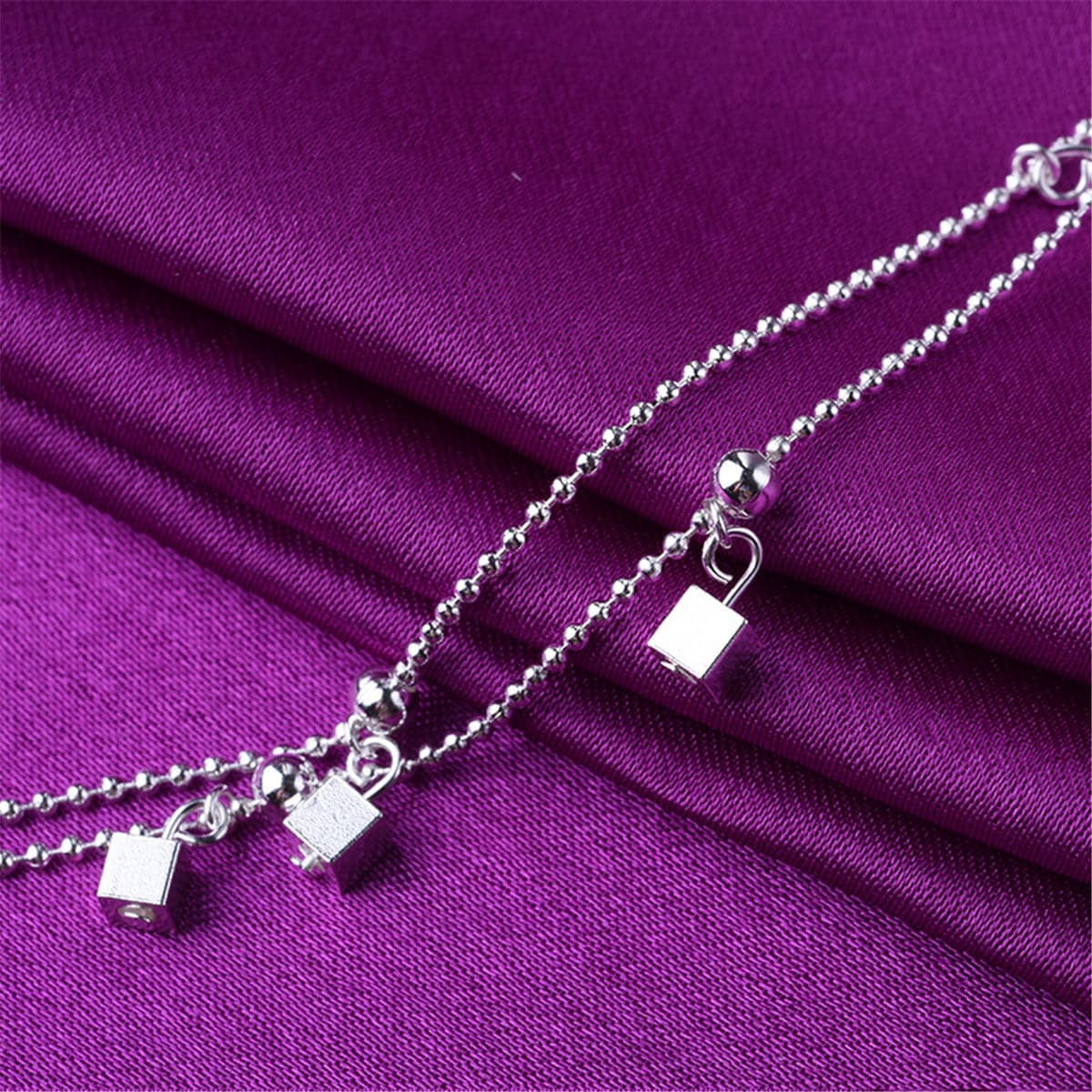 Silver-Plated Cube & Bead Double-Strand Anklet