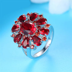 Red Crystal & Silver-Plated Flower Ring