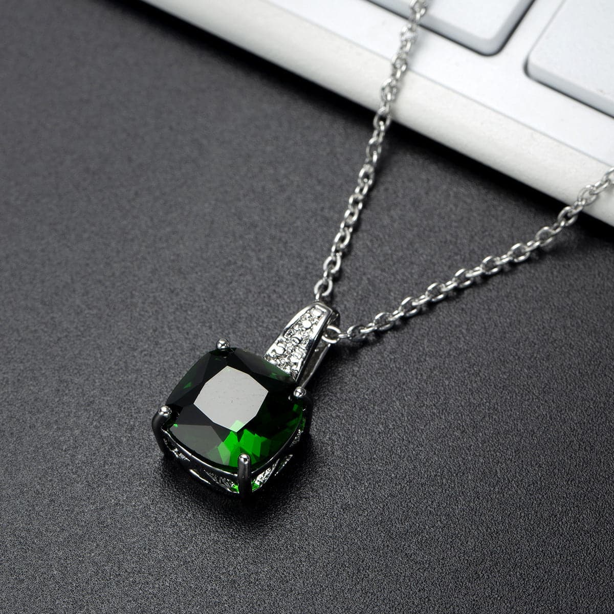 Green Crystal & Silver-Plated Cushion-Cut Pendant Necklace