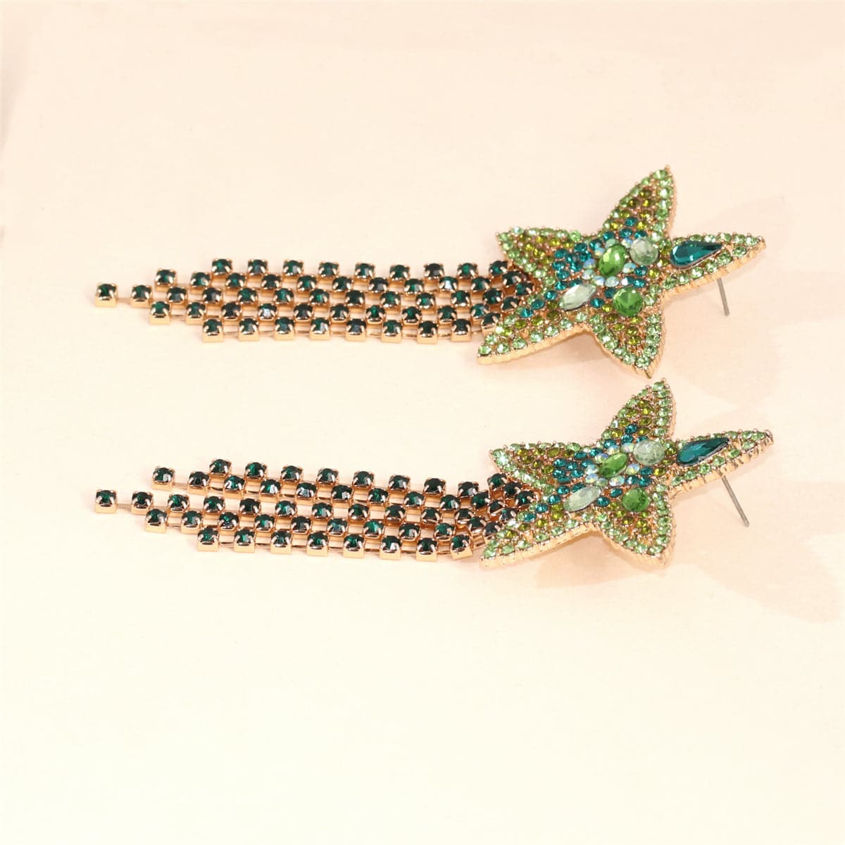 Green Crystal & Cubic Zirconia Star Fringe Drop Earrings