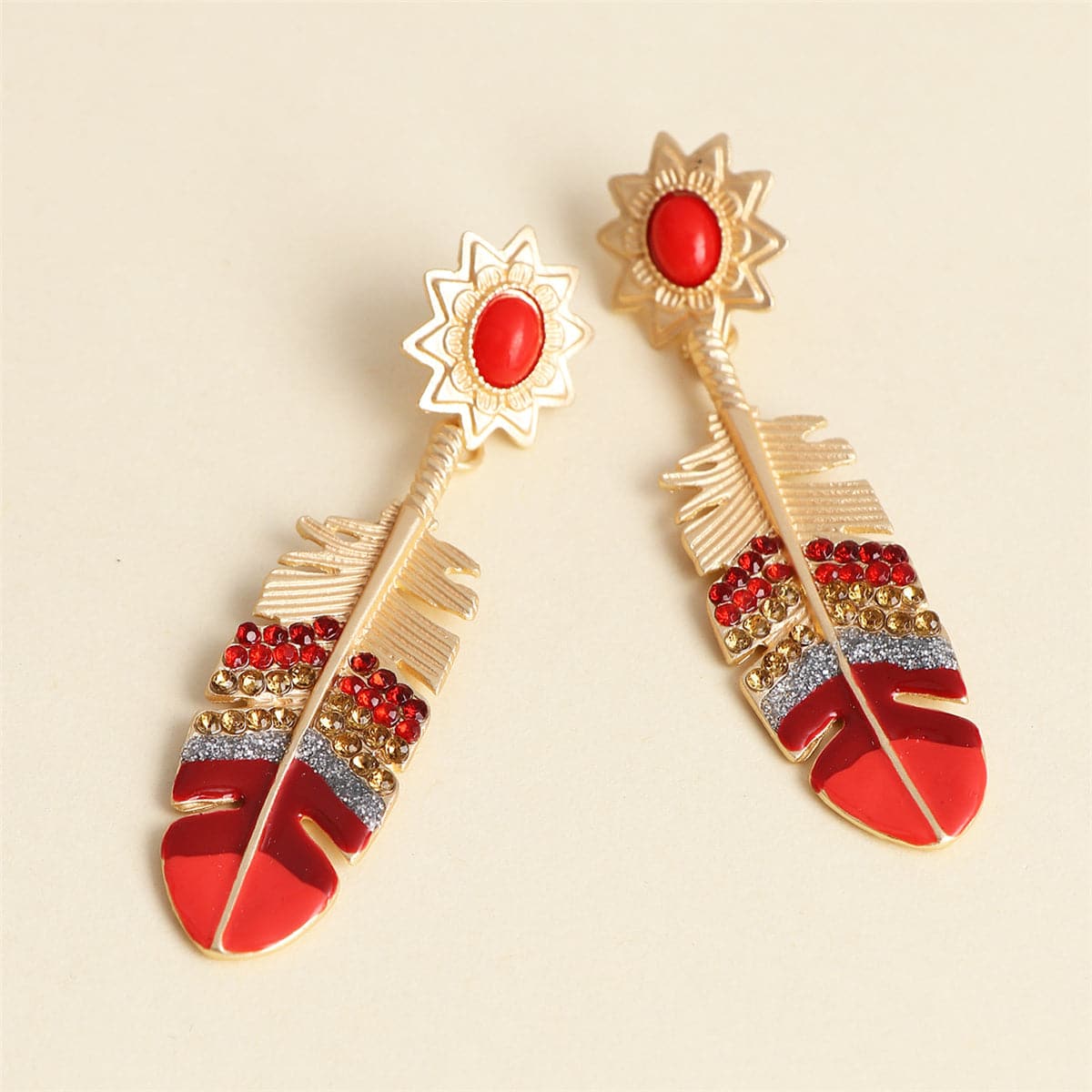 Cubic Zirconia and Red Enamel Leaf Drop Earrings, drop earrings for women, everyday style, side view