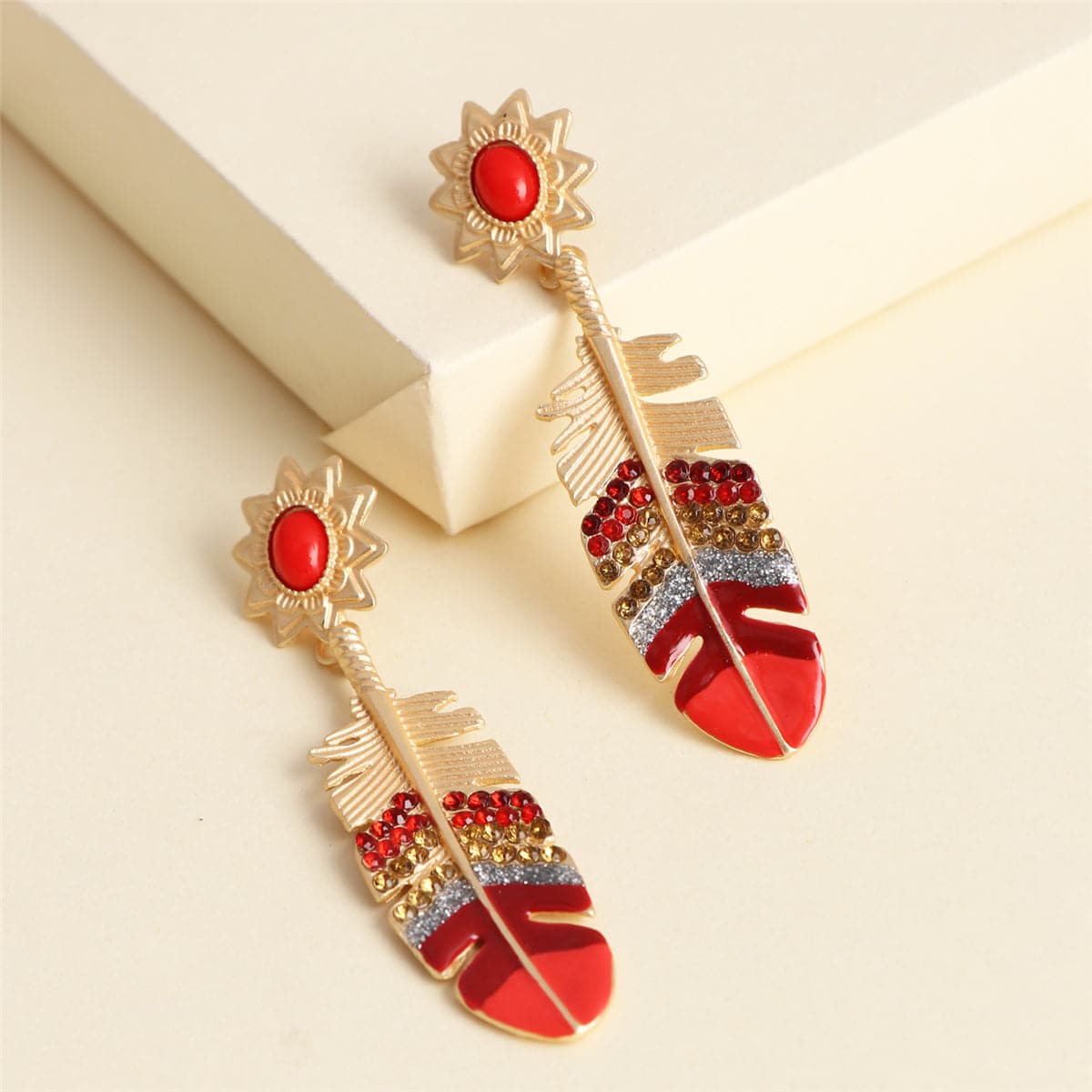 Cubic Zirconia and Red Enamel Leaf Drop Earrings, drop earrings for women, everyday style, front view