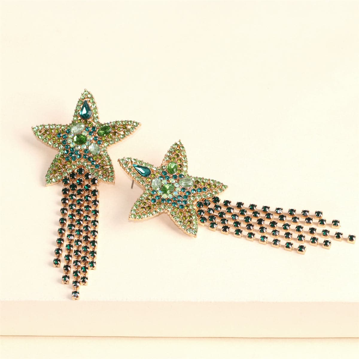 Green Crystal & Cubic Zirconia Star Fringe Drop Earrings