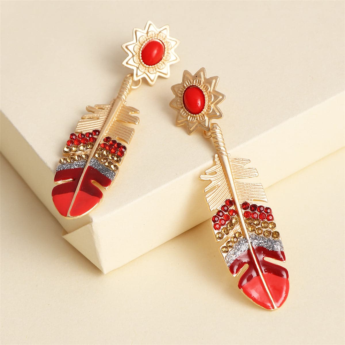 Cubic Zirconia and Red Enamel Leaf Drop Earrings, drop earrings for women, everyday style, detail close-up