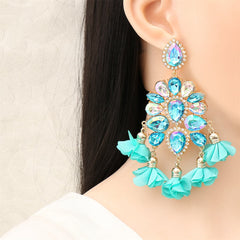 Light Blue Crystal & Cubic Zirconia Floral Tassel Drop Earrings