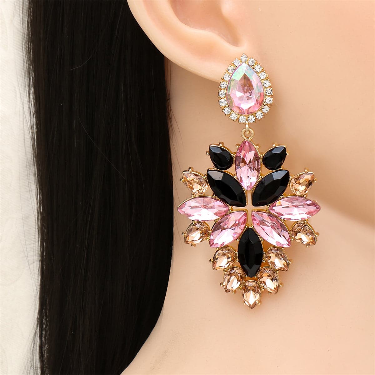 Black Crystal & Cubic Zirconia Marquise Drop Earrings