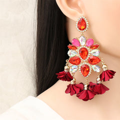 Cubic Zirconia & Red Crystal Floral Pear Chandelier Drop Earrings