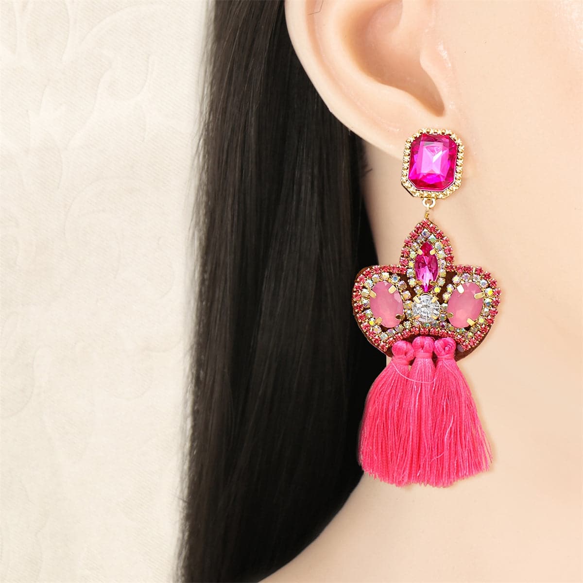 Cubic Zirconia & Rose Crystal Pavé Tassel Crown Drop Earrings