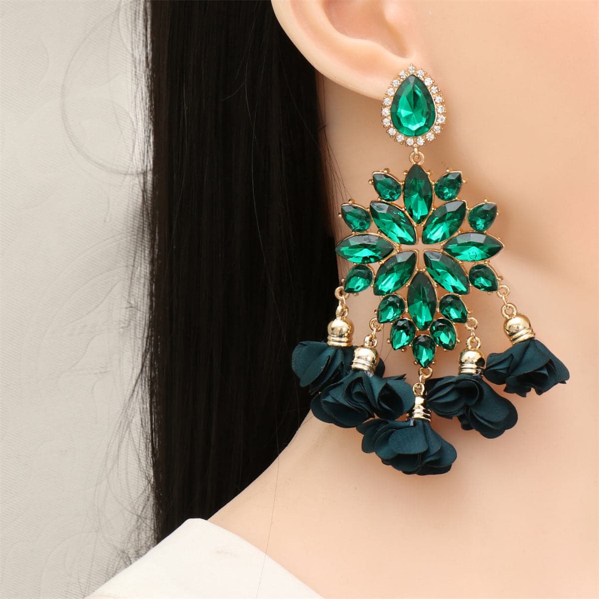 Midnight & Verdant Green Crystal Flower Tassel Drop Earrings