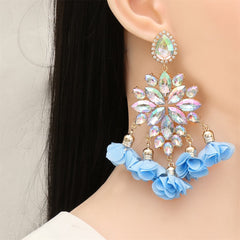 Blue Crystal & Cubic Zirconia Floral Tassel Drop Earrings