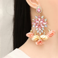 Light Pink Crystal & Cubic Zirconia Flower Tassel Drop Earrings
