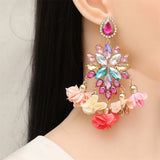 Dusty Pink & Magenta Crystal Flower Tassel Drop Earrings