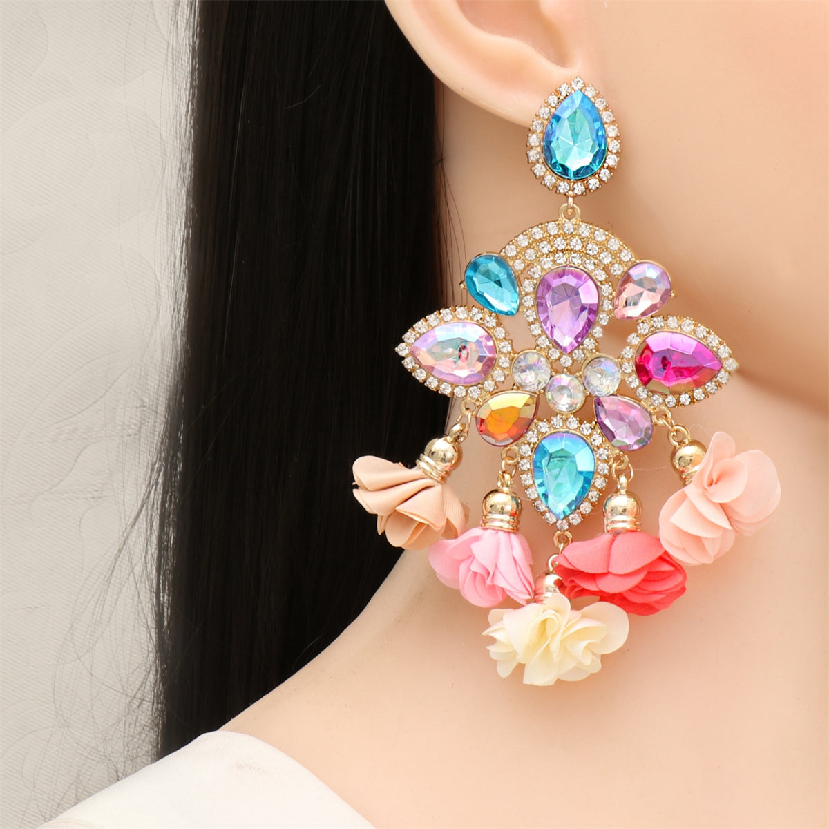 Pink Crystal & 18K Gold-Plated Multicolor Floral Tassel Drop Earrings