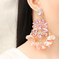 Pink Crystal & Cubic Zirconia Floral Tassel Pear Drop Earrings