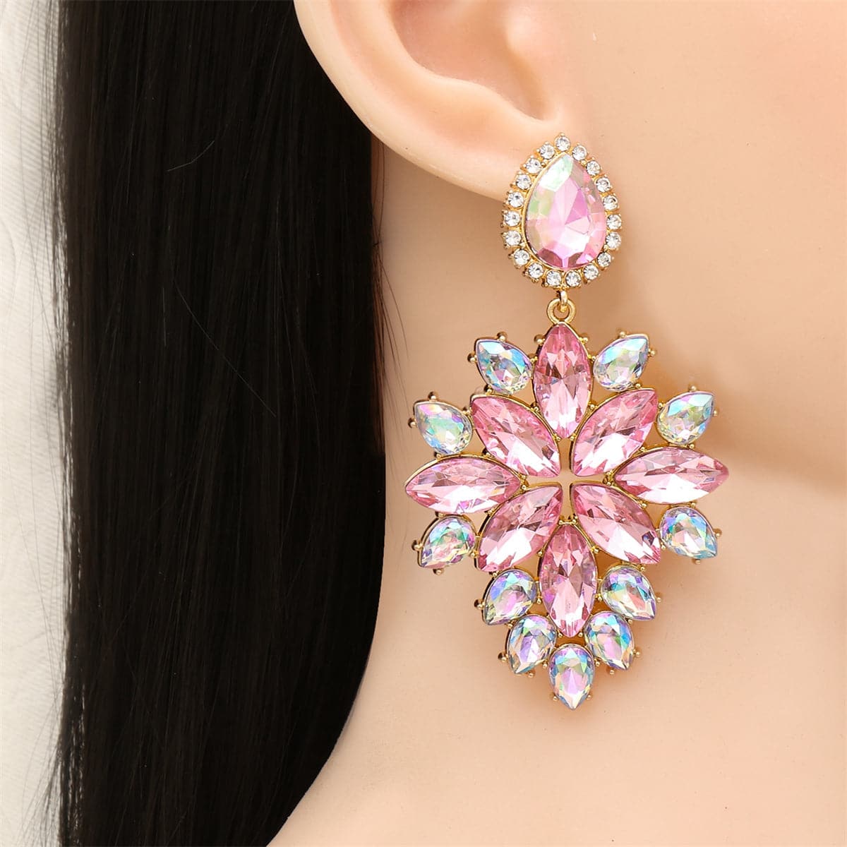 Pink Crystal & Cubic Zirconia Marquise-Cut Drop Earrings