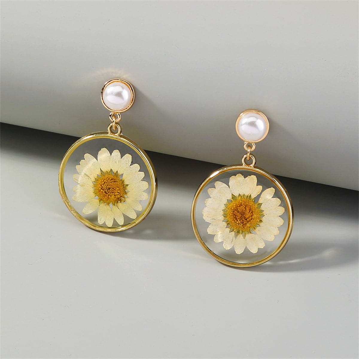Pearl and 18K Gold-Plated Resin Mum Drop Earrings, gold drop earrings for women, vintage-inspired design, front view