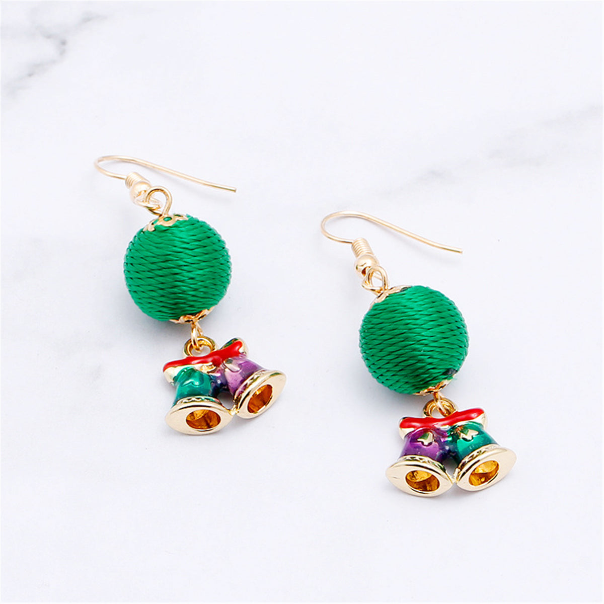 Green Polyster and Enamel 18K Gold-Plated Bells Pom Drop Earrings, gold drop earrings for women, detail close-up