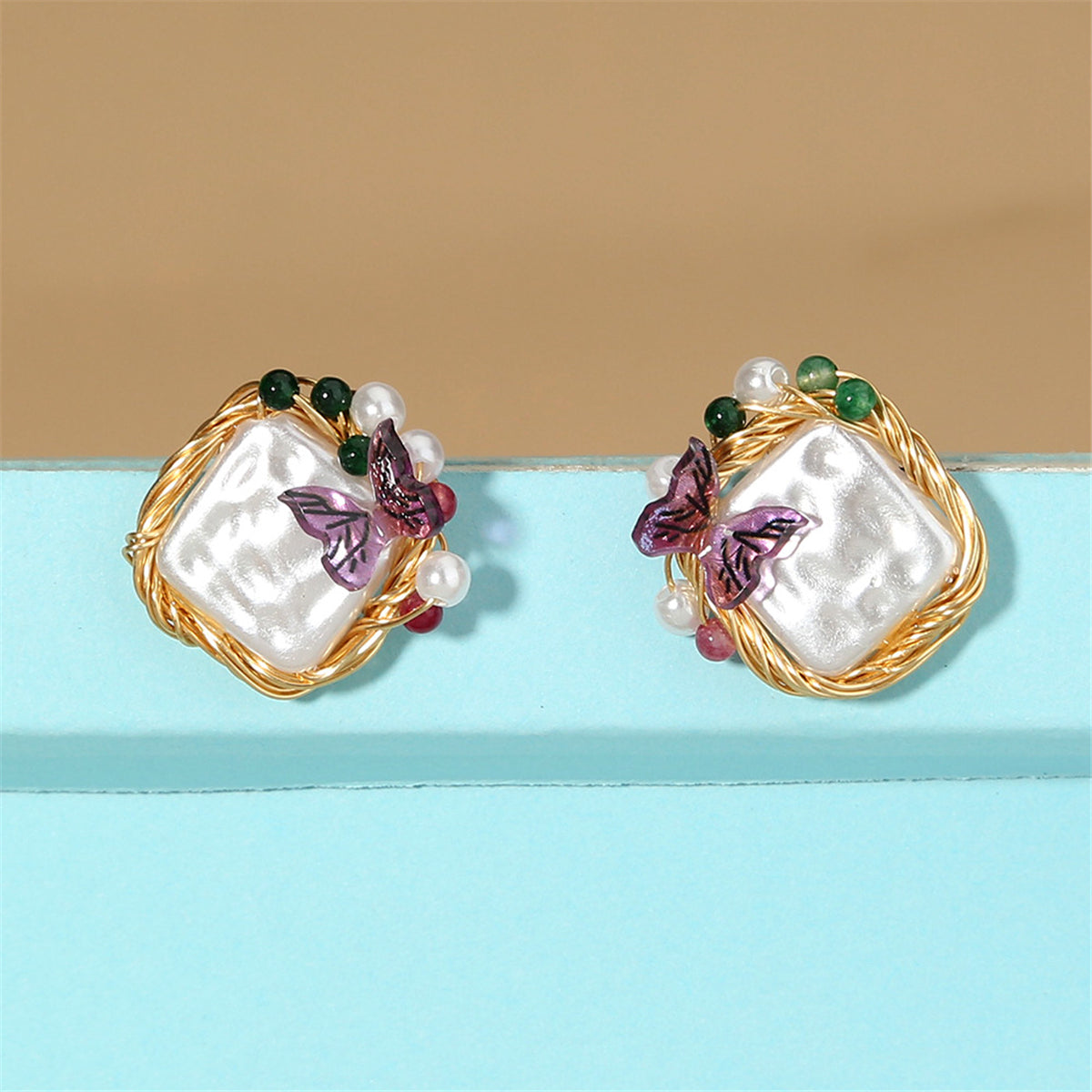 Pearl and Purple Butterfly Square Stud Earrings, stud earrings for women, elegant gift for her, detail close-up