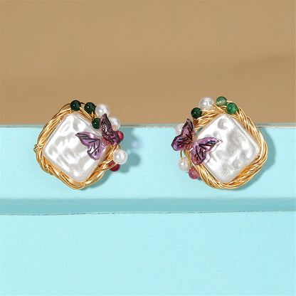 Pearl and Purple Butterfly Square Stud Earrings, stud earrings for women, elegant gift for her, detail close-up