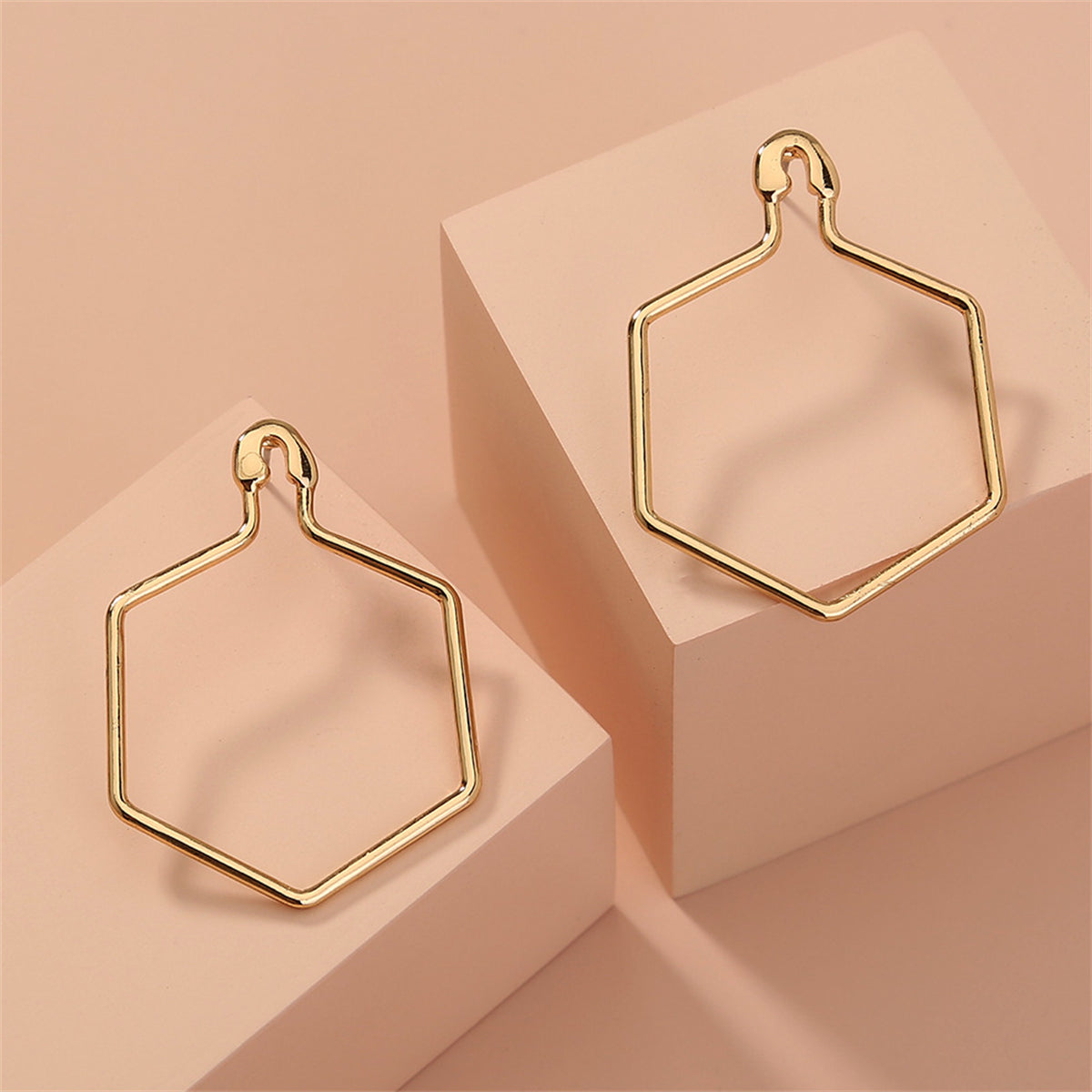 18K Gold-Plated Open Hexagon Drop Earrings, gold drop earrings for women, dainty minimalist design, detail close-up