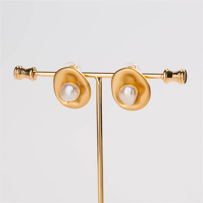 Pearl & 18K Gold-Plated Hammered Circle Stud Earrings