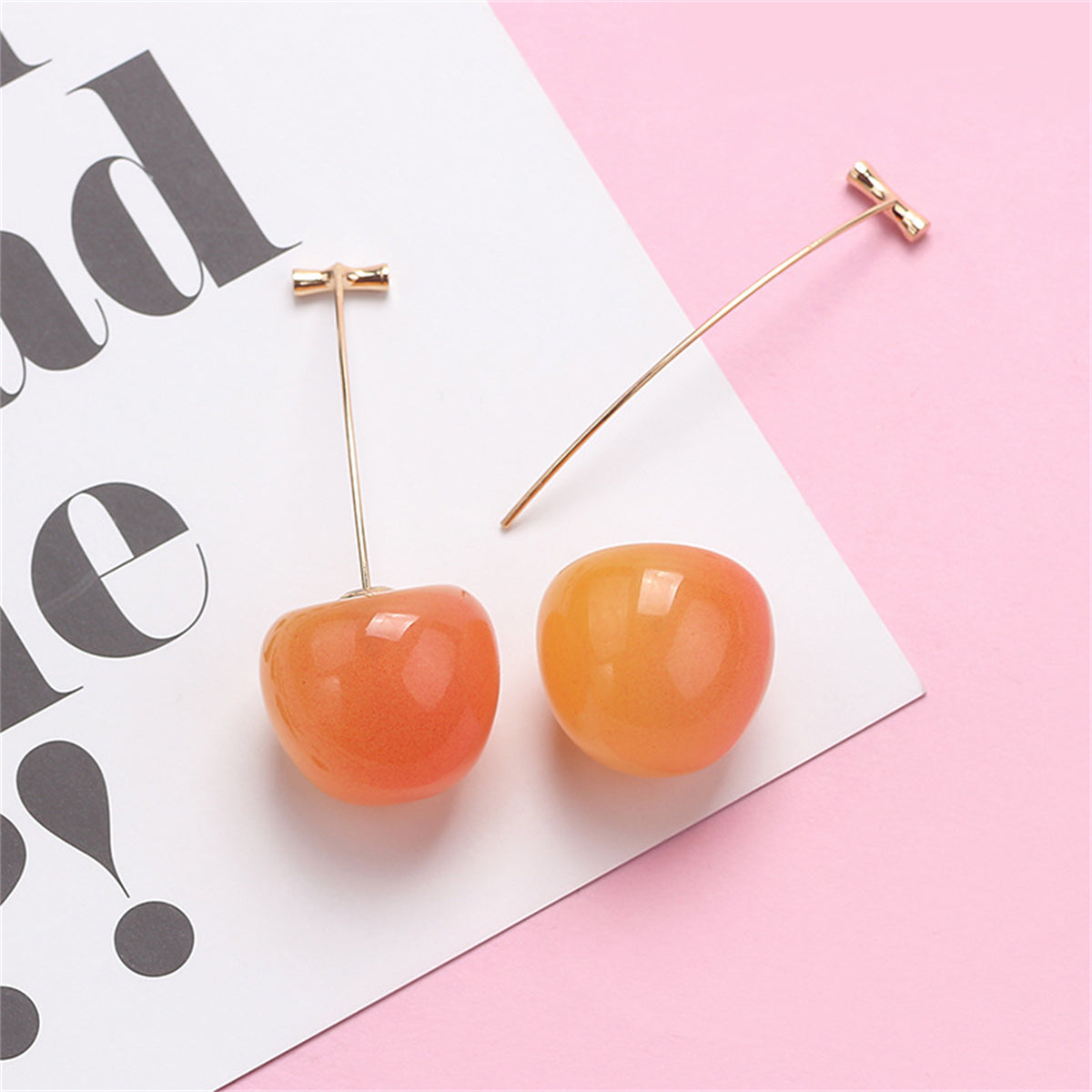 Peach and Yellow Resin Cherry Ear Jackets, drop earrings for women, vintage-inspired design, detail close-up