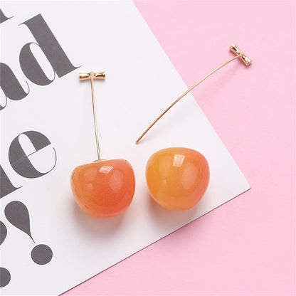 Peach and Yellow Resin Cherry Ear Jackets, drop earrings for women, vintage-inspired design, detail close-up