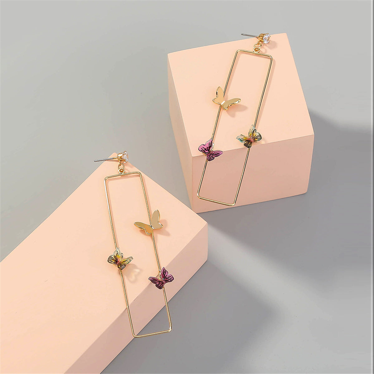 Cubic Zirconia and Acrylic 18K Gold-Plated Butterfly Rectangle Drop Earrings, gold drop earrings for women, lifestyle look