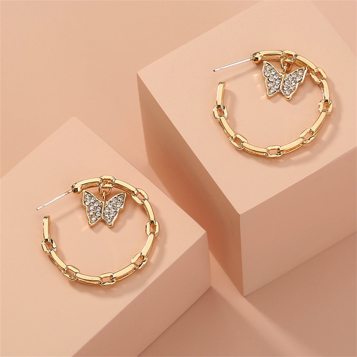 Cubic Zirconia and 18K Gold-Plated Butterfly Chain Hoop Earrings, gold drop earrings for women, detail close-up