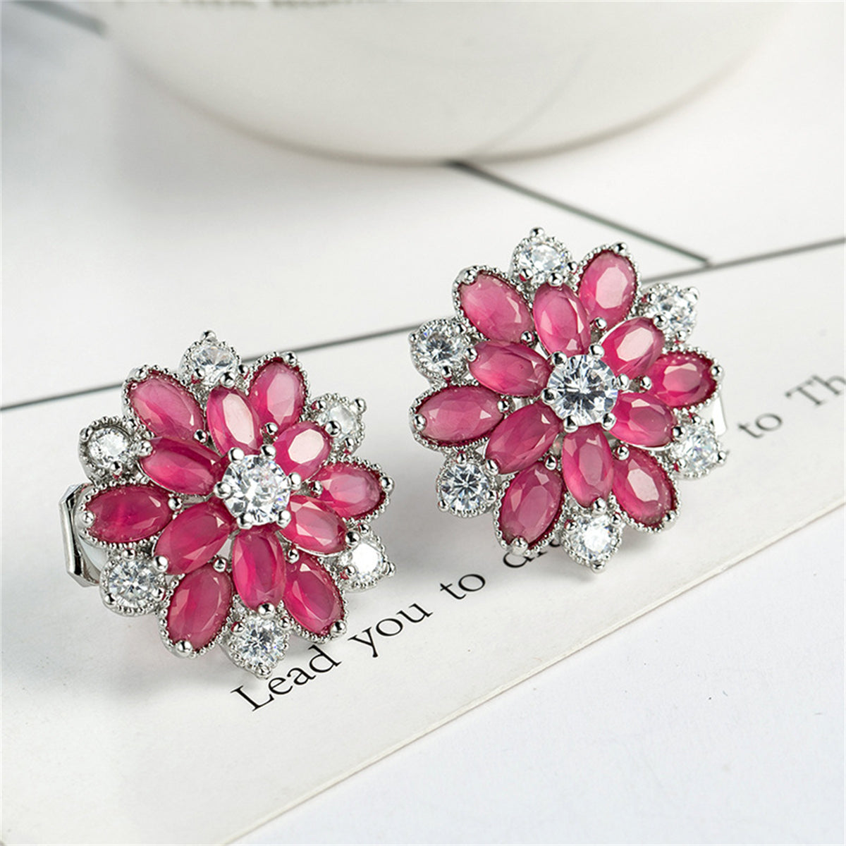 Rose Crystal & Cubic Zirconia Floral Stud Earrings