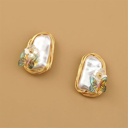 Pearl and Green Butterfly Stud Earrings, stud earrings for women, everyday style, styled look