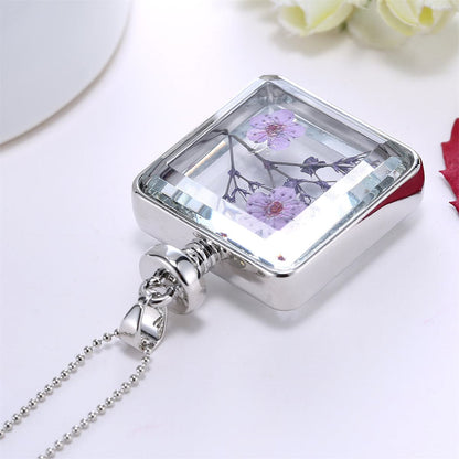 Purple and Silver-Plated Pressed Peach Blossom Square Pendant Necklace, silver pendant necklace for women, lifestyle look