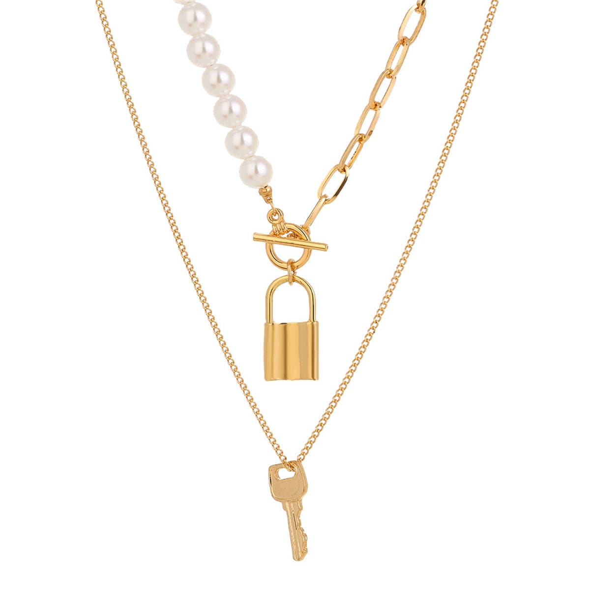 Pearl & 18K Gold-Plated Key Lock Pendant Necklace Set