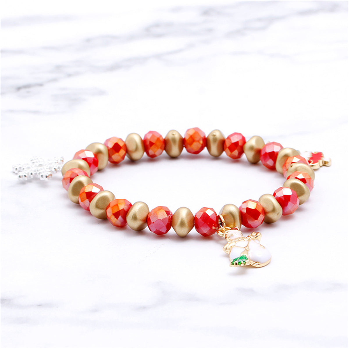 Red and Snowflake Christmas Tree Beaded Stretch Bracelet, bracelet for women, dainty minimalist design, side view
