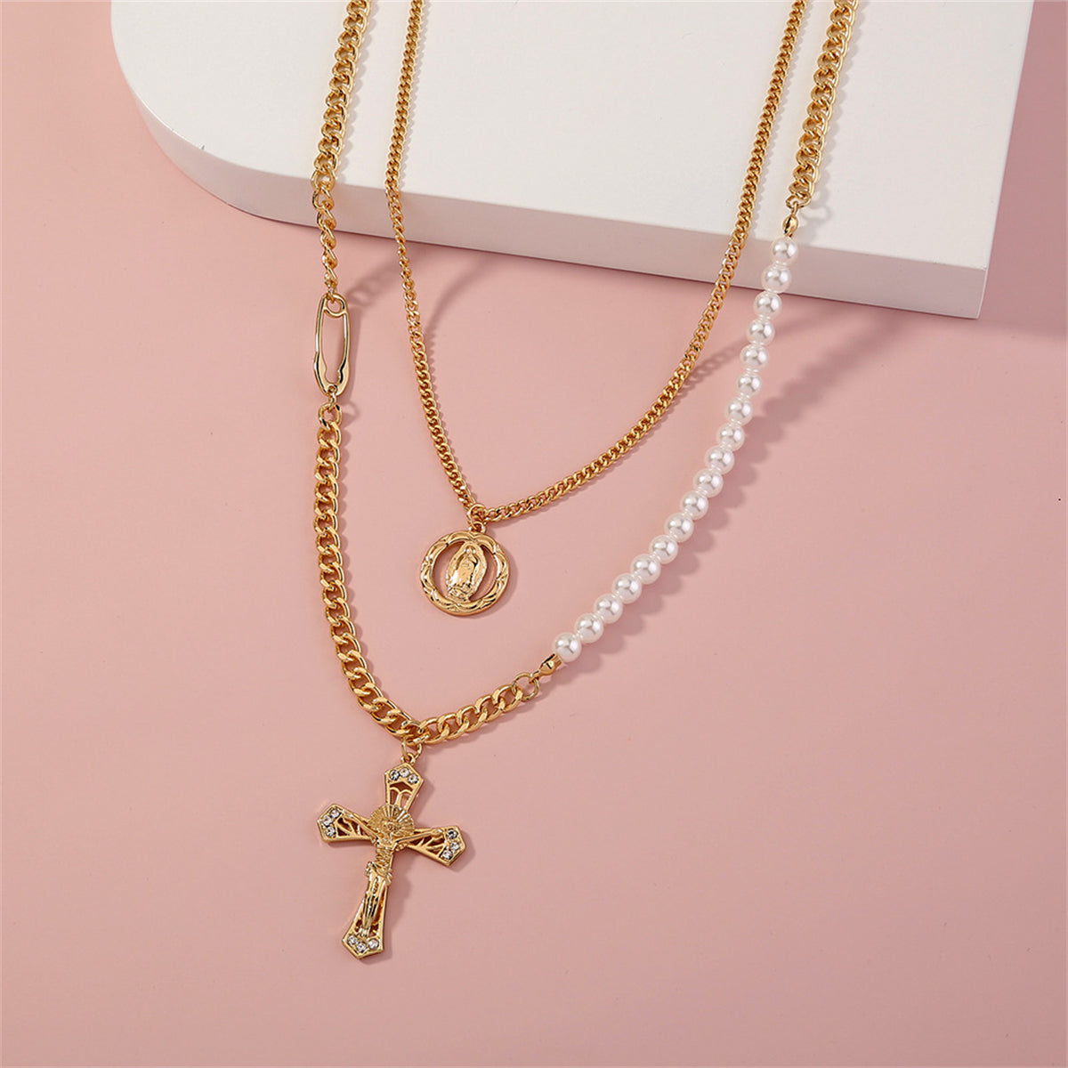 Cubic Zirconia and Pearl 18K Gold-Plated Cross Layered Necklace, gold pendant necklace for women, styled look