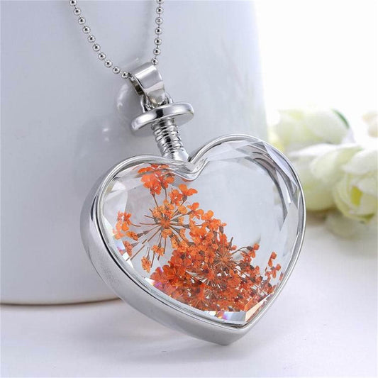 Orange Pressed Gypsophila and Silver-Plated Pressed Heart Pendant Necklace, silver pendant necklace for women, front view