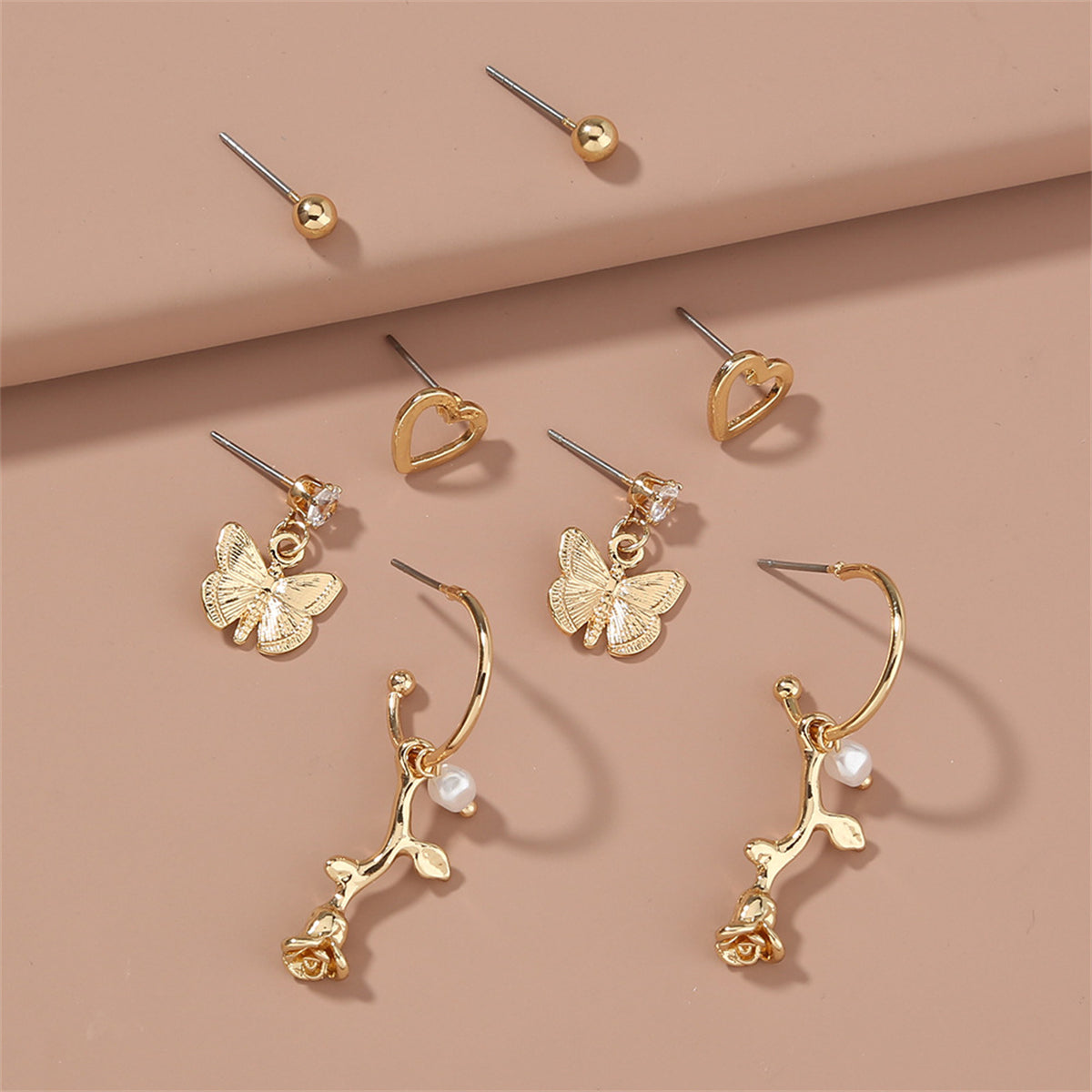 Cubic Zirconia and 18K Gold-Plated Butterfly Drop Earrings Set, gold stud earrings for women, detail close-up