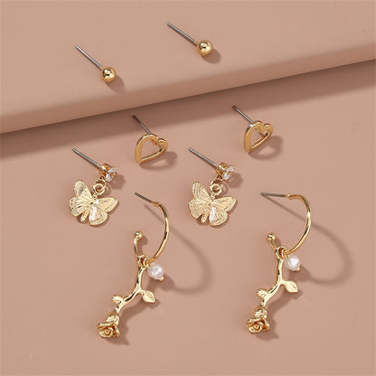 Cubic Zirconia and 18K Gold-Plated Butterfly Drop Earrings Set, gold stud earrings for women, detail close-up