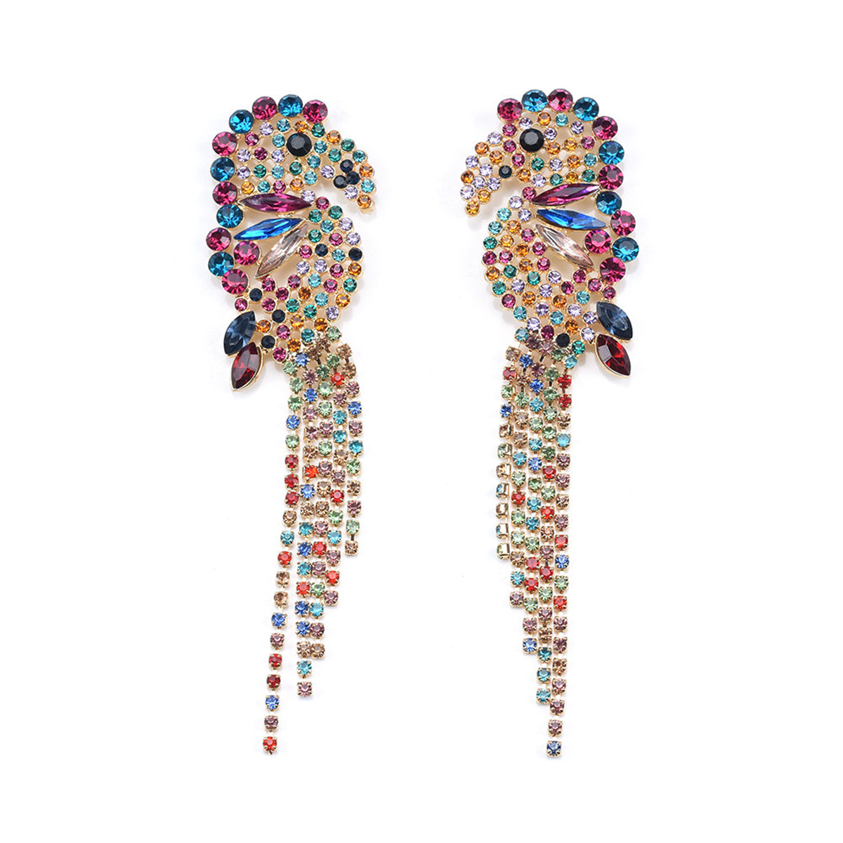 Rainbow Crystal & Cubic Zirconia Woodpecker Tassel Drop Earrings