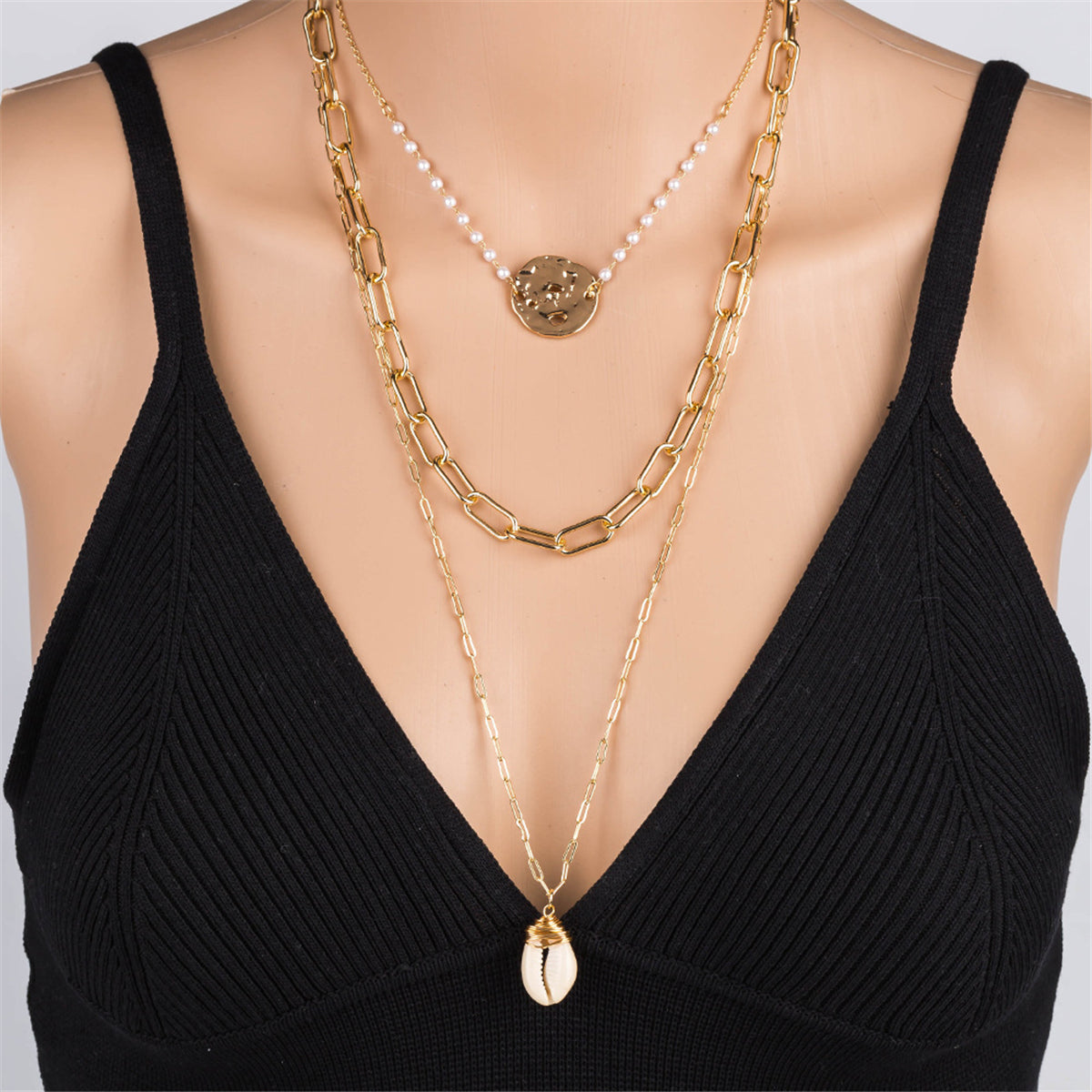 Pearl & Shell 18K Gold-Plated Layered Pendant Necklace