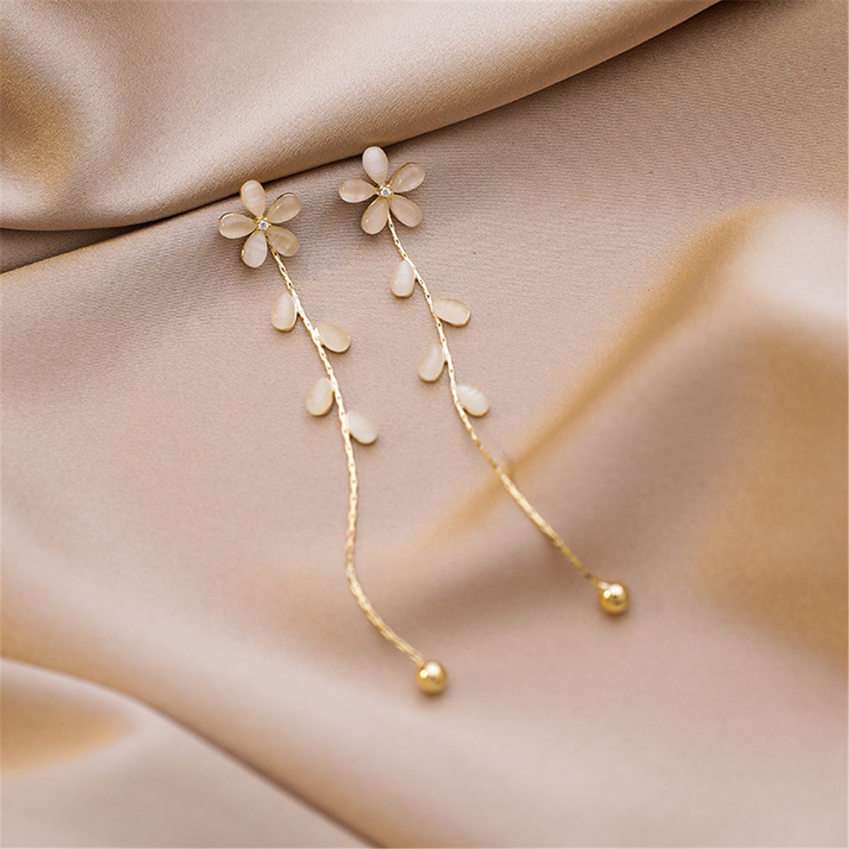 Cats Eye and Cubic Zirconia Floral Drop Earrings, drop earrings for women, dainty minimalist design, detail close-up