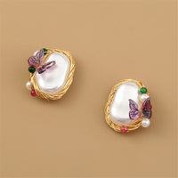 Oval Pearl & Purple Butterfly Stud Earring